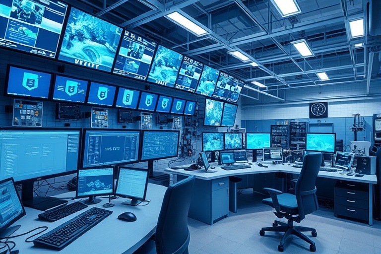 Sala de controle com múltiplos monitores