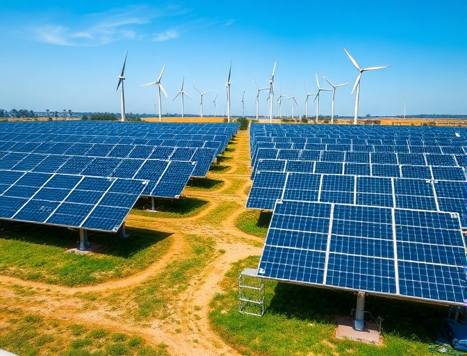 Parque eólico e painéis solares