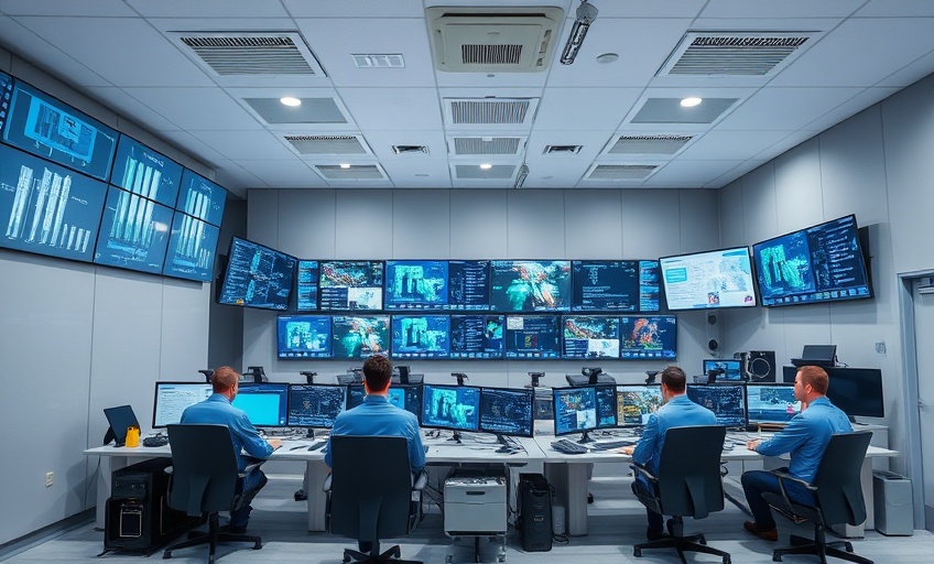 Sala de controle com monitores para automação ambiental