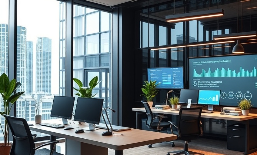 Ambiente corporativo com dashboards financeiros sustentáveis